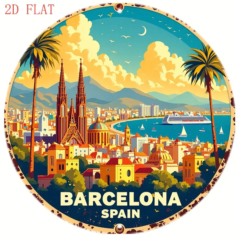 Home Barcelona - Rundes 8-Zoll-Metallschild mit Landschaftsmotiv aus Barcelona,