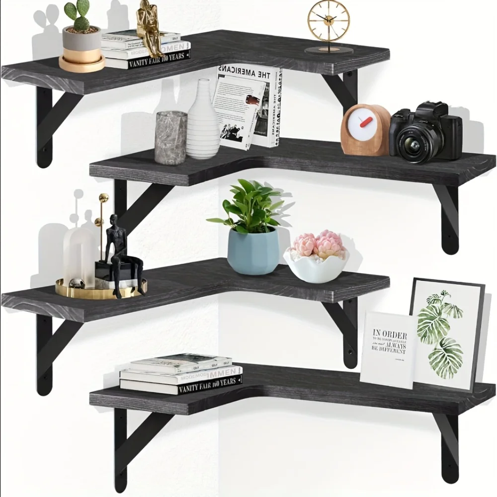 Home Bar Shelf - Natürliche Holzmaserung Schwebende Wandregale Eck-Aufbewahrung Zeitgenössische