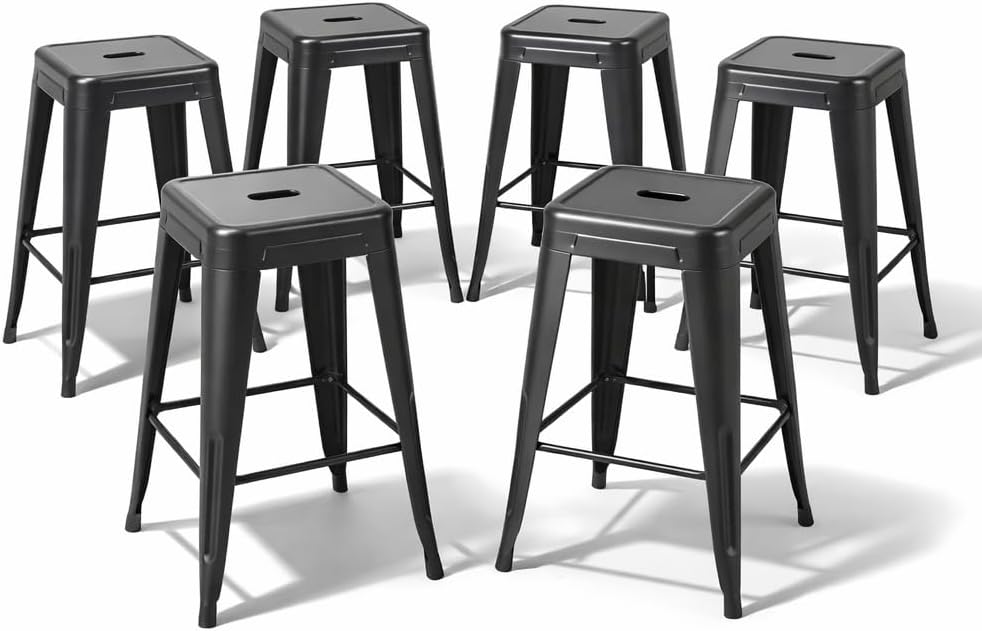 Home Bar Seating - Mitternachtsschwarze Metall-Barhocker, 6er-Set, 24 Zoll, industrielle