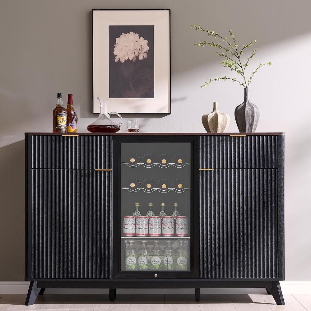 Home Bar And Fridge - 60-Zoll-Kaffeebar-Schrank mit Mini-Kühlschrankfach, Schwarz & Walnuss,