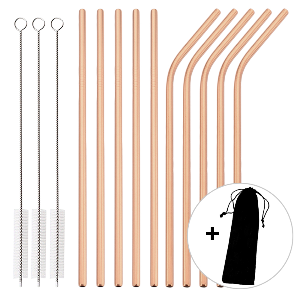Home Bar Shelf - 14-teiliges Wiederverwendbares Roségold-Strohhalm-Set aus 304 Edelstahl