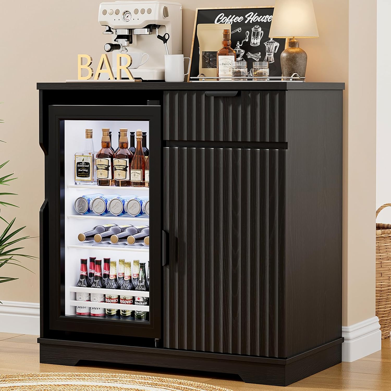 Home Bar And Fridge - Gerillter Kaffeebar-Schrank mit Mini-Kühlschrank und Ausziehschublade,