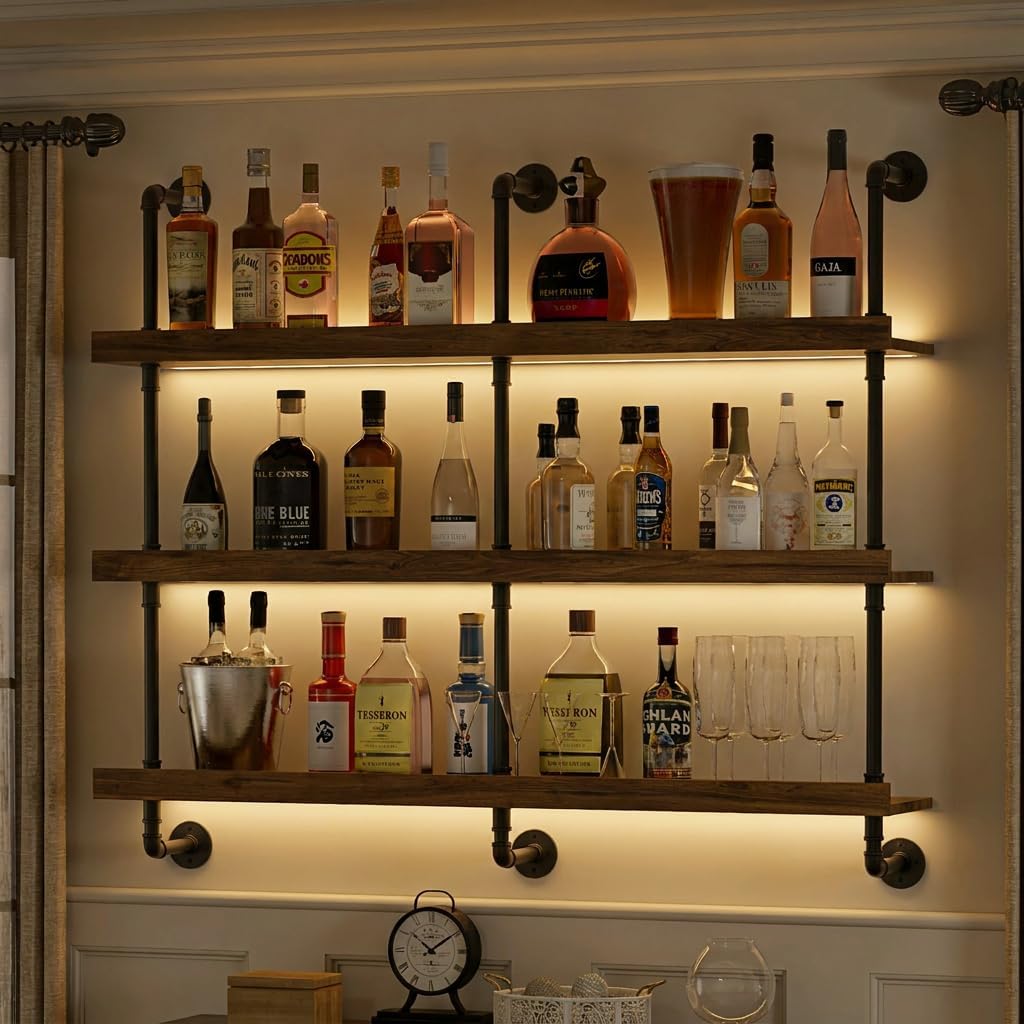 Home Bar Shelf - Wandmontiertes Weinregal mit LED-Beleuchtung, dreistufiges schwebendes